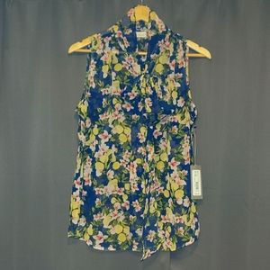 NY&Co Eva Mendes Blue Lemon Print Blouse
